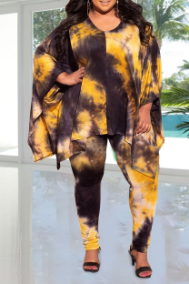 Yellow Casual Print Patchwork O Neck Plus Size Two Pieces
