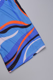 Blue Casual Print Patchwork V Neck Regular Jumpsuits