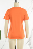 Tangerine Red Casual Street Print Patchwork O Neck T-Shirts