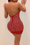 Tangerine Red Sexy Celebrities Solid Patchwork Hot Drill Halter Wrapped Skirt Dresses
