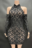 Black Sexy Solid Patchwork See-through Hot Drill Turtleneck Pencil Skirt Dresses(Including The Sleeve)