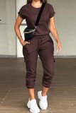 Coffee Casual Solid Basic O Neck Short Sleeve Two Pieces