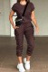 Coffee Casual Solid Basic O Neck Short Sleeve Two Pieces