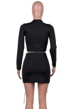 Black Sexy Solid Hollowed Out Patchwork Chains Slit O Neck Long Sleeve Two Pieces
