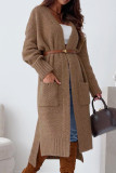 Khaki Casual Solid Cardigan Outerwear (Without Belt)