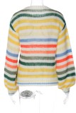 Colour Casual Striped Patchwork Contrast O Neck Tops