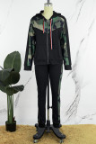 Black Casual Camouflage Print Patchwork Hooded Collar Long Sleeve Two Pieces