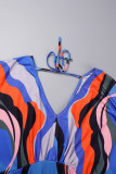 Blue Casual Print Patchwork V Neck Regular Jumpsuits