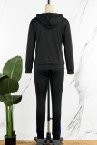 Black Casual Patchwork Contrast Hooded Collar Long Sleeve Two Pieces