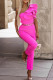 Rose Red Casual Solid Backless Oblique Collar Skinny Jumpsuits (Without Waist Chain)