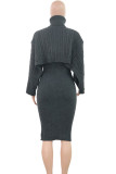 Grey Elegant Solid Patchwork Turtleneck Long Sleeve Two Pieces