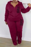 Rose Red Casual Print Letter Hooded Collar Plus Size Two Pieces