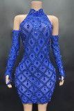 Royal Blue Sexy Solid Patchwork See-through Hot Drill Turtleneck Pencil Skirt Dresses(Including The Sleeve)