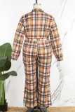 Earth Yellow Street Plaid Bandage Patchwork Buckle Turndown Collar Plus Size Jumpsuits
