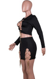 Black Sexy Solid Hollowed Out Patchwork Chains Slit O Neck Long Sleeve Two Pieces