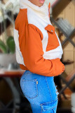 Orange Elegant Solid Patchwork Pocket Contrast Zipper Mandarin Collar Outerwear