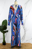 Blue Casual Print Patchwork V Neck Regular Jumpsuits