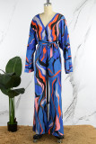 Blue Casual Print Patchwork V Neck Regular Jumpsuits