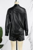 Black Casual Street Solid Patchwork Pocket Buckle Turndown Collar Long Sleeve Two Pieces