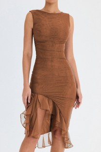 Brown Casual Solid Fold Asymmetrical O Neck Sleeveless Dress Dresses