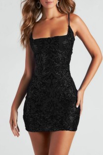 Black Sexy Casual Patchwork Sequins Frenulum Backless Spaghetti Strap Wrapped Skirt Dresses