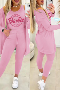 Pink Casual Letter Print Basic O Neck Long Sleeve Three Piece Set