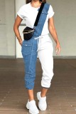 Blue White Casual Solid Basic O Neck Short Sleeve Two Pieces