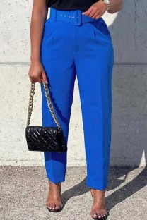 Blue Casual Solid Patchwork With Belt Regular High Waist Conventional Solid Color Trousers