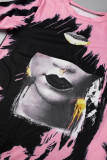 Black Pink Casual Print Basic O Neck T-Shirts