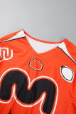 Orange Print Patchwork O Neck Tops