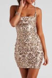 Blue Sexy Casual Patchwork Sequins Frenulum Backless Spaghetti Strap Wrapped Skirt Dresses
