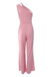 Pink Casual Solid Patchwork Oblique Collar Regular Jumpsuits