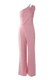 Pink Casual Solid Patchwork Oblique Collar Regular Jumpsuits