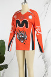 Orange Print Patchwork O Neck Tops