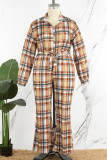 Earth Yellow Street Plaid Bandage Patchwork Buckle Turndown Collar Plus Size Jumpsuits