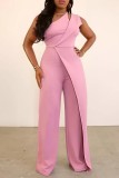Pink Casual Solid Patchwork Oblique Collar Regular Jumpsuits