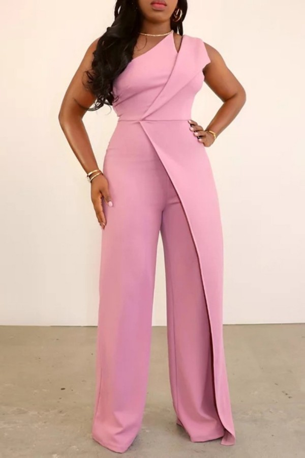 Pink Casual Solid Patchwork Oblique Collar Regular Jumpsuits