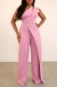 Pink Casual Solid Patchwork Oblique Collar Regular Jumpsuits