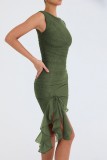 Army Green Casual Solid Fold Asymmetrical O Neck Sleeveless Dress Dresses
