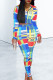 Multi-color Casual Print Patchwork Zipper O Neck Long Sleeve Two Pieces