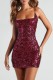 Purplish Red Sexy Casual Patchwork Sequins Frenulum Backless Spaghetti Strap Wrapped Skirt Dresses