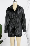 Black Casual Street Solid Patchwork Pocket Buckle Turndown Collar Long Sleeve Two Pieces