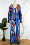 Blue Casual Print Patchwork V Neck Regular Jumpsuits