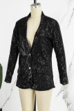 Black Celebrities Solid Sequins Patchwork Turn-back Collar Outerwear