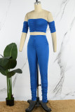 Blue Sexy Solid Patchwork Fold Off the Shoulder Short Sleeve Two Pieces