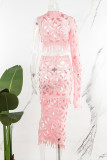 Pink Sexy Solid Hollowed Out O Neck Long Sleeve Two Pieces