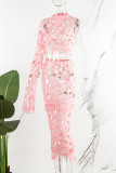Pink Sexy Solid Hollowed Out O Neck Long Sleeve Two Pieces