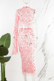 Pink Sexy Solid Hollowed Out O Neck Long Sleeve Two Pieces