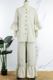 Cream White Casual Solid Cardigan Half Sleeve Two Pieces