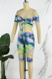 Green Sexy Print Tie Dye Patchwork Draw String V Neck Short Sleeve Two Pieces